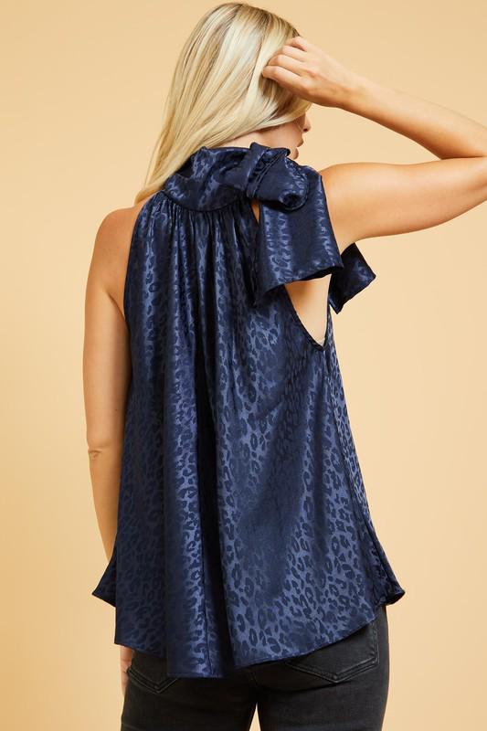 High neck bow navy top