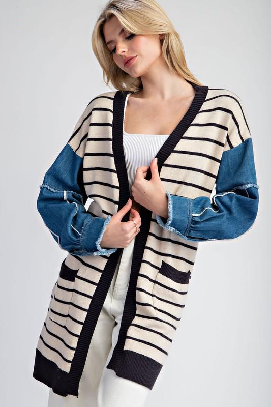 Oversized stripe/denim sleeves cardigan