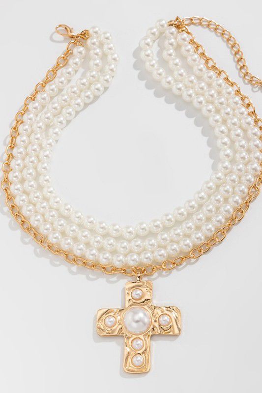 Triple pearl layer gold cross necklace