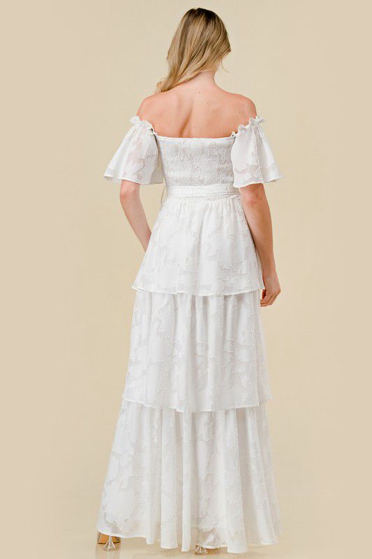 Off shoulder white ruffle maxi dress (Preorder)