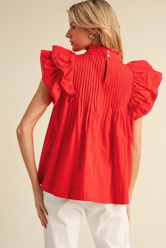 Ruby red ruffle pleated blouse (Preorder)