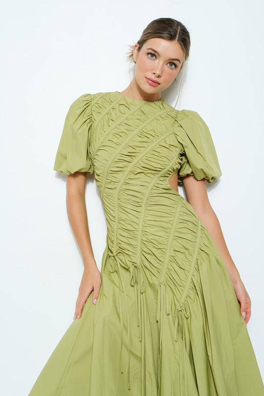 Green bubble sleeves cut out asymmetrical dress