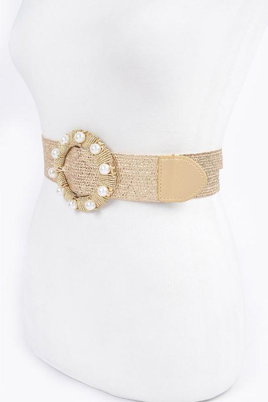 Metallic stretch belt with pearl buckle