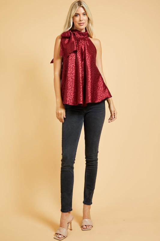 High neck bow burgundy top