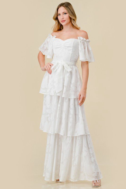 Off shoulder white ruffle maxi dress (Preorder)