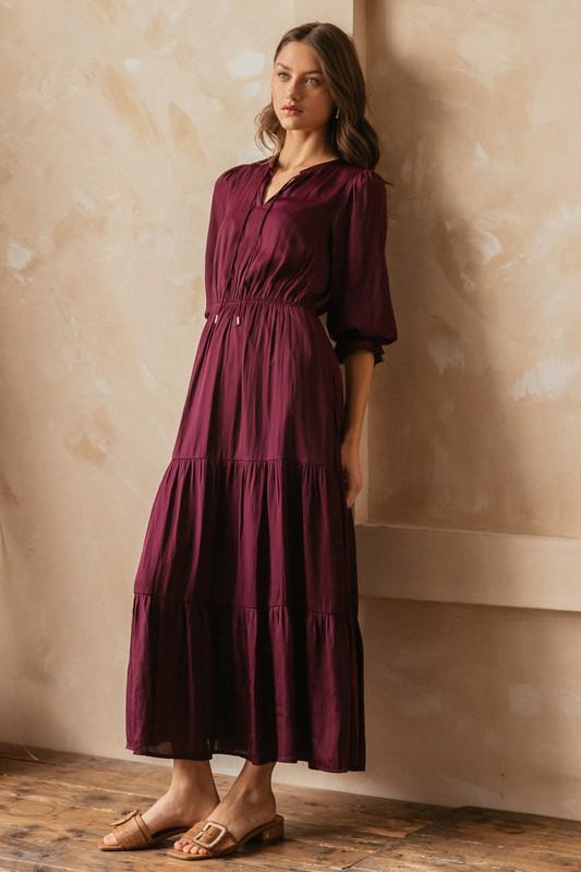 3/4 sleeves wine red maxi dress