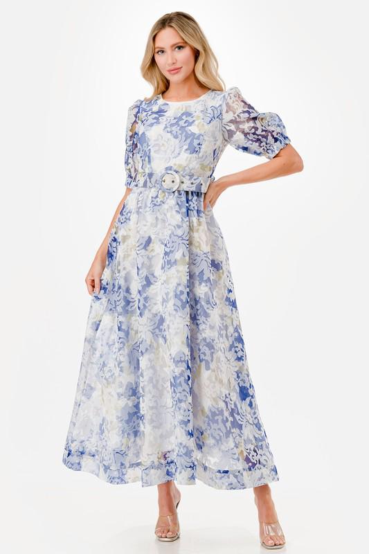 White & blue lace belted maxi dress