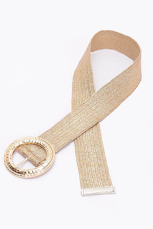 Gold straw metallic stretch hammered buckle belt