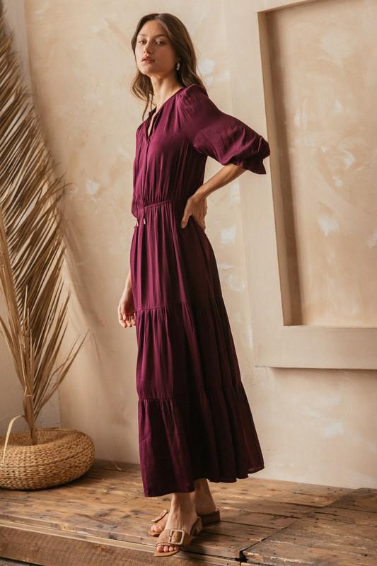 3/4 sleeves wine red maxi dress