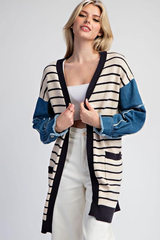 Oversized stripe/denim sleeves cardigan