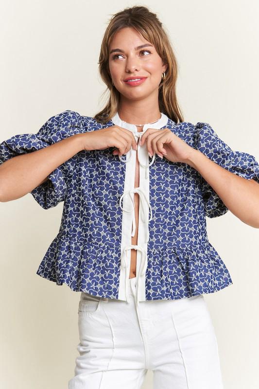 Indigo bloom tie front blouse (Preorder)