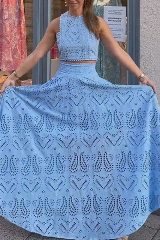 Blue lace crop top & maxi skirt set (Preorder)