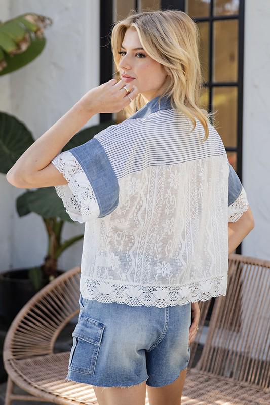 Lace colorblock cropped blouse top