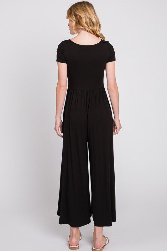 Short sleeve wide leg black jumpsuit (Preorder)