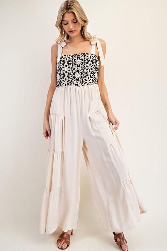 Floral embroidered tiered leg jumpsuit (Preorder)