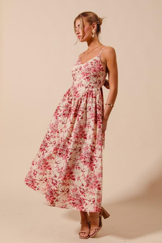 Floral V neck dress with back bow tie (Preorder)