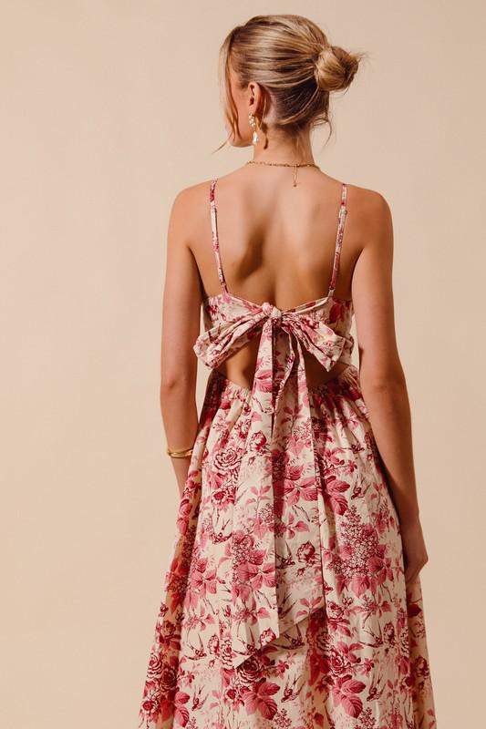 Floral V neck dress with back bow tie (Preorder)