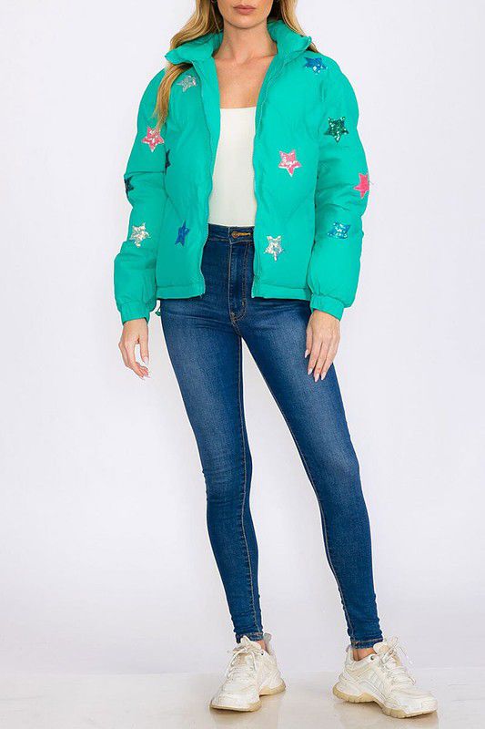 Zip up pockets star sequins puffer jacket