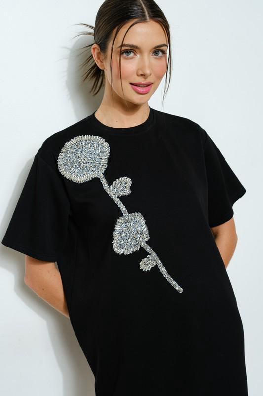 Rhinestone beaded flower black  t-shirt dress (Preorder)