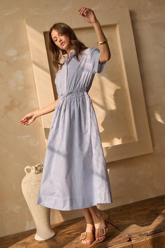 Button down smocked waist midi blue dress