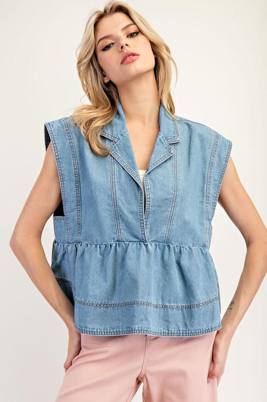 Denim sleeveless collared top