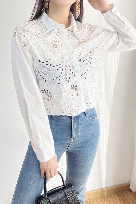 Embroidered button down white top