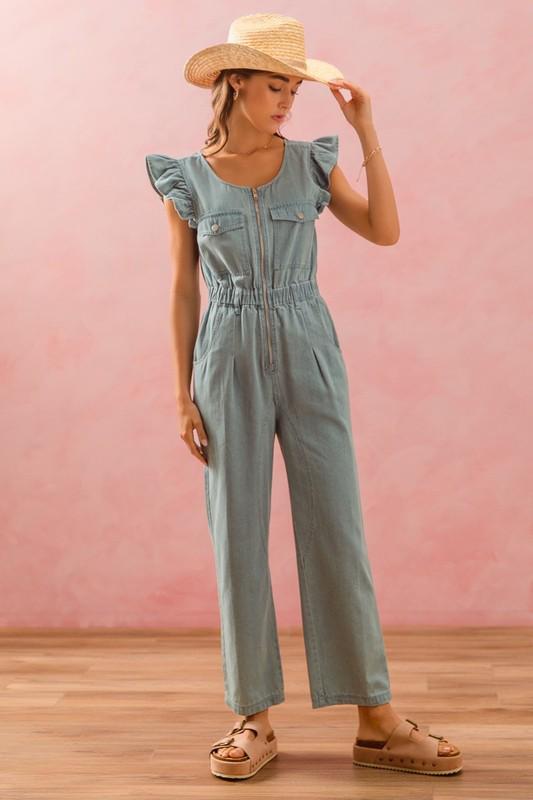 Flutter sleeve silver zipper denim Jumpsuit