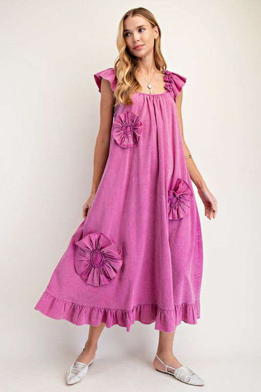 Flowy ruffle magenta maxi dress with flower details (Preorder)