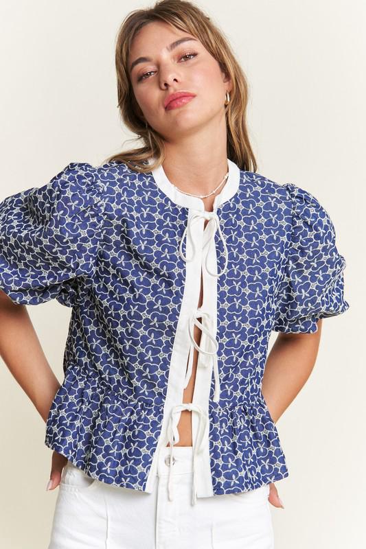 Indigo bloom tie front blouse (Preorder)