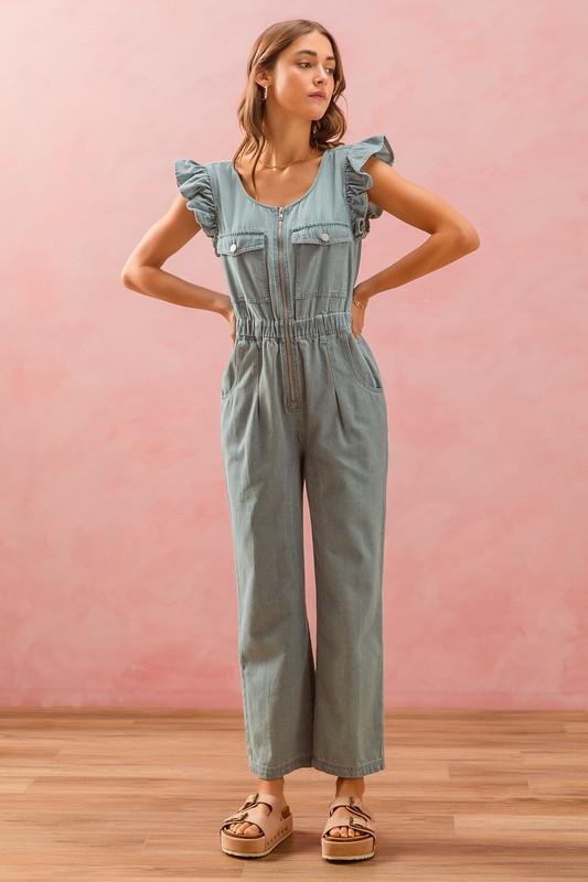 Flutter sleeve silver zipper denim Jumpsuit