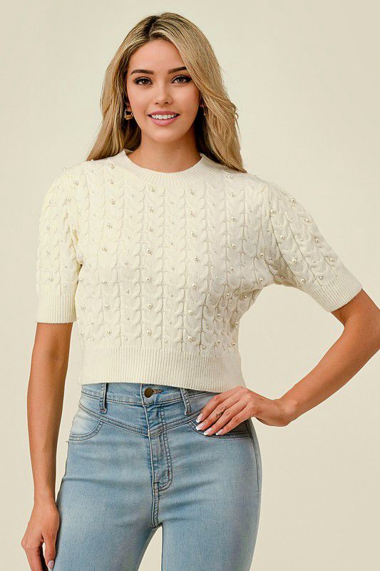 Pearl embellished cream cabel knit top (Preorder)