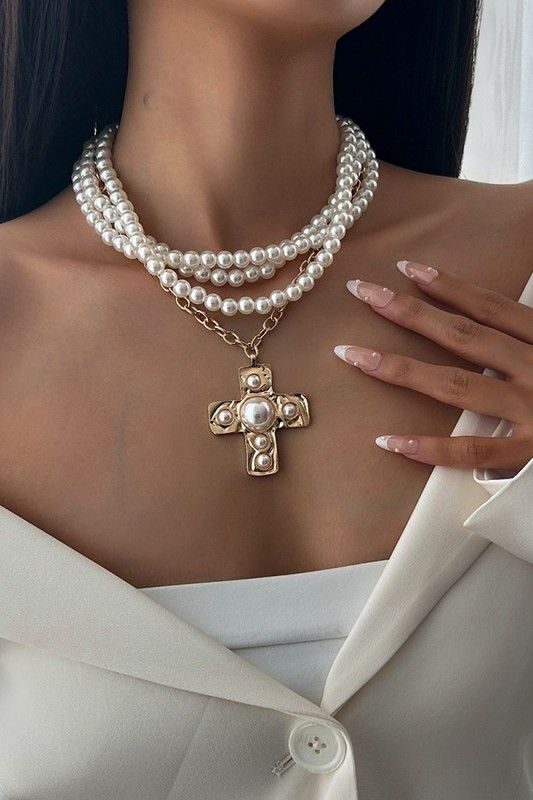 Triple pearl layer gold cross necklace