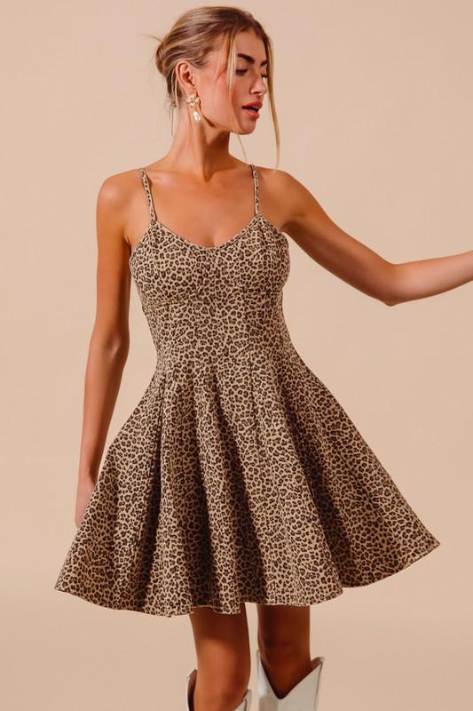 Denim leopard strap dress