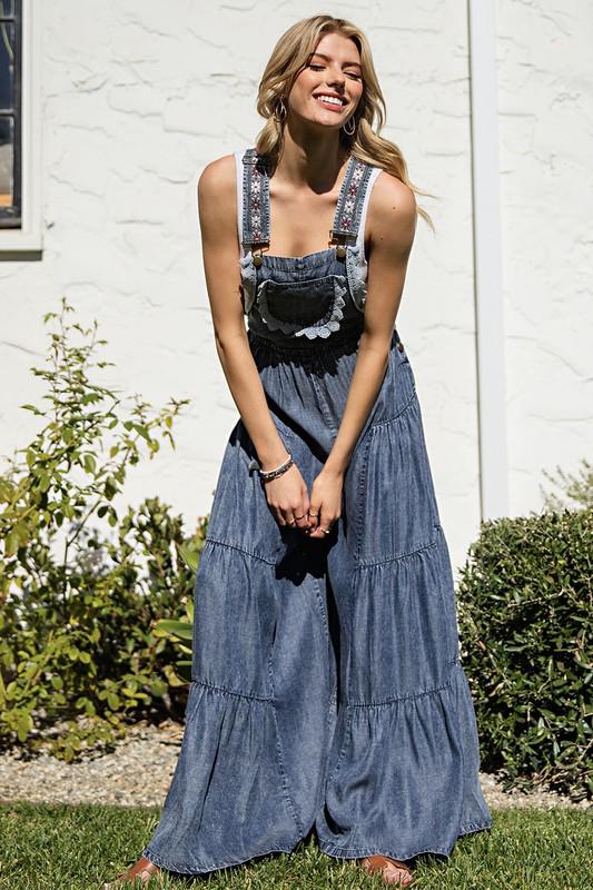 Lace trim tiered sleeveless jumpsuit