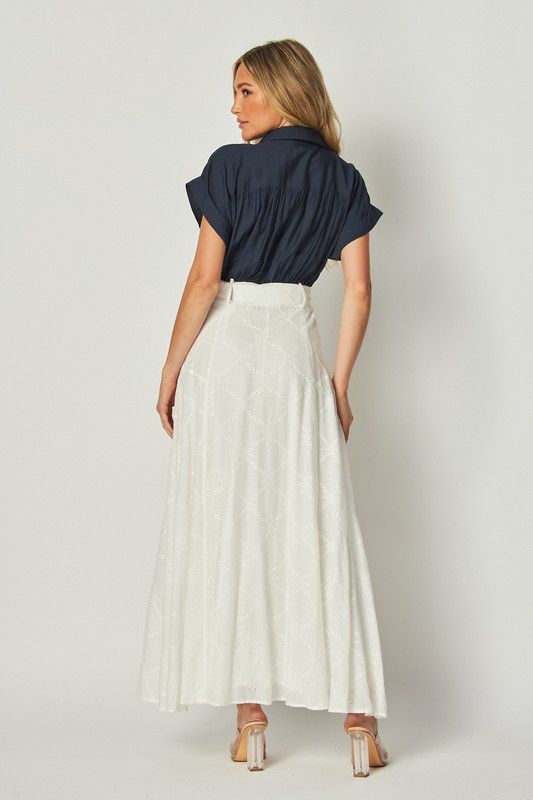 Navy white embroidered skirt maxi dress