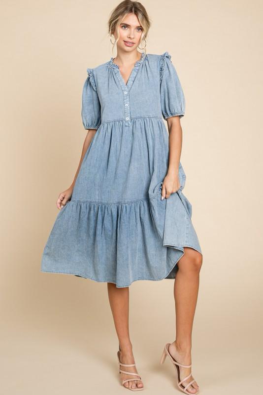 Denim tiered midi dress (Preorder)