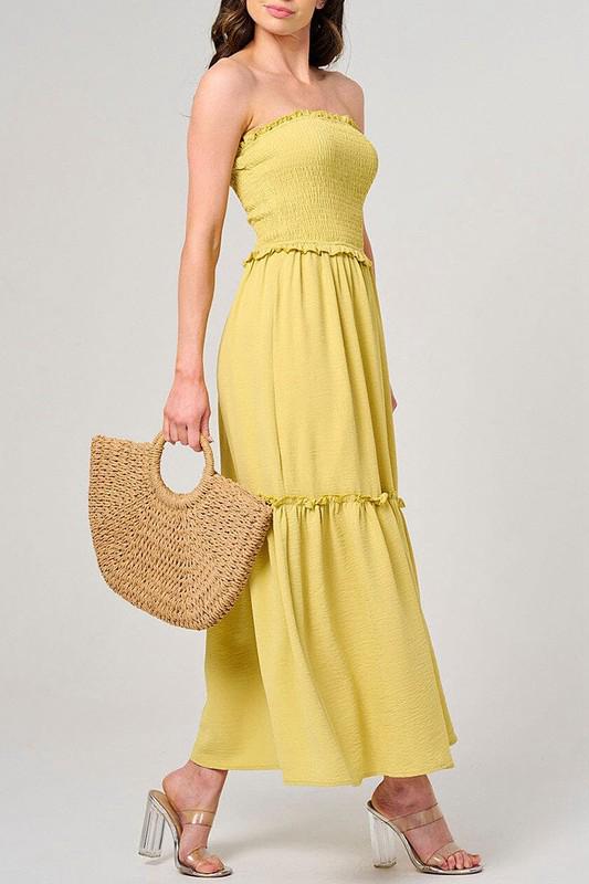 Strapless yellow smocked maxi dress