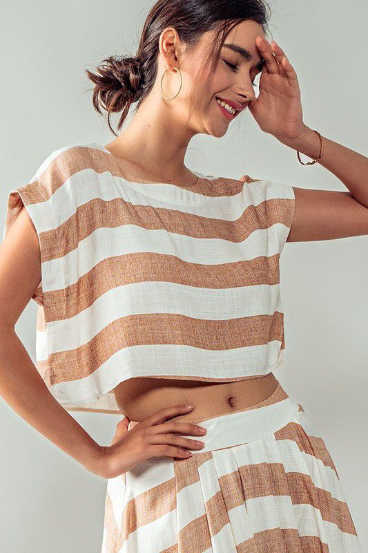 Breezy beachside striped taupe white cropped top