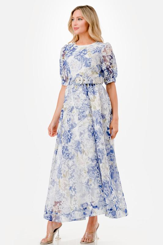 White & blue lace belted maxi dress