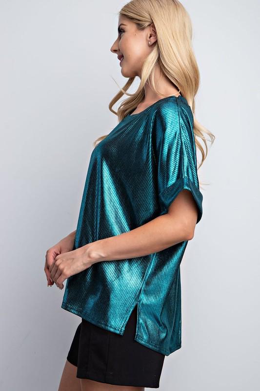 High low metallic green top