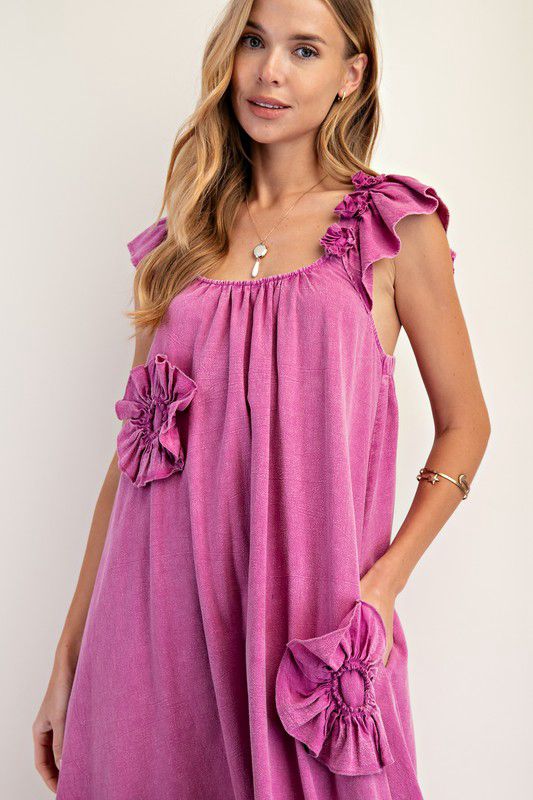 Flowy ruffle magenta maxi dress with flower details (Preorder)