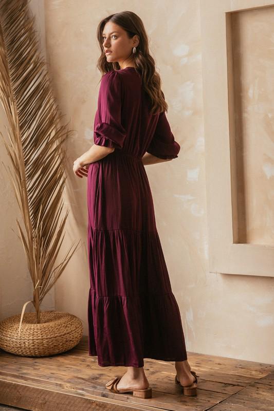 3/4 sleeves wine red maxi dress