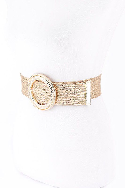 Gold straw metallic stretch hammered buckle belt