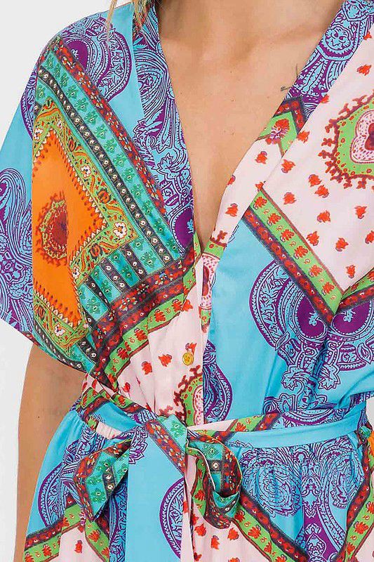 V neck button up multi print dress