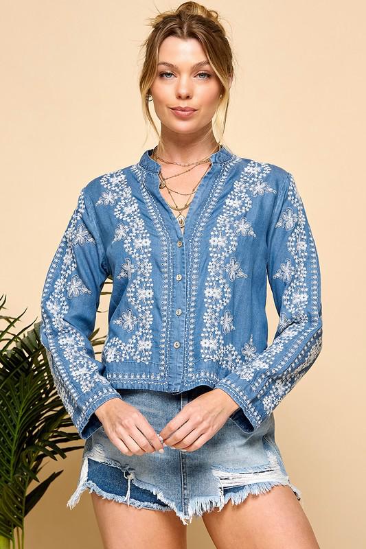 Floral embroidery blouse top
