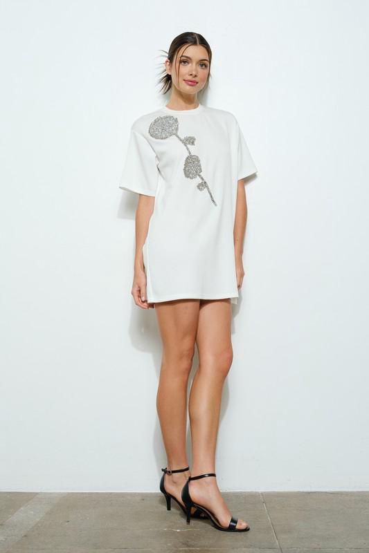 Rhinestone beaded flower white t-shirt dress (Preorder)