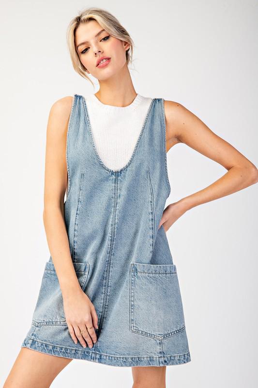 Mini denim overall dress