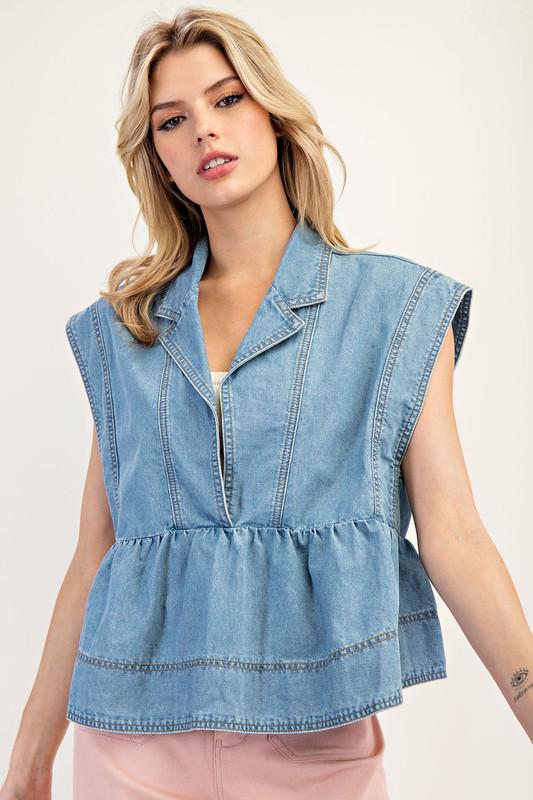 Denim sleeveless collared top