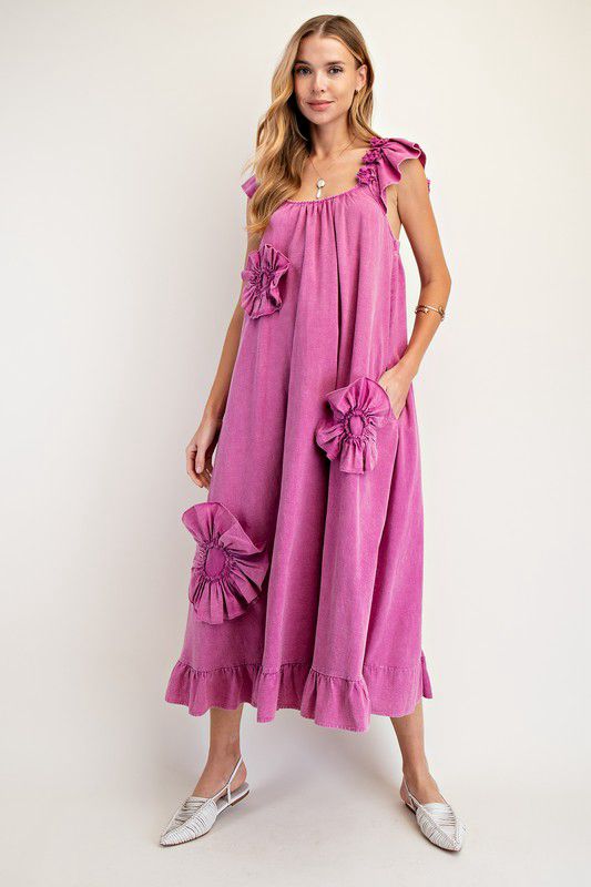 Flowy ruffle magenta maxi dress with flower details (Preorder)