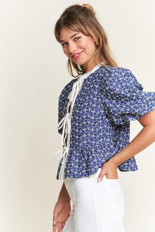 Indigo bloom tie front blouse (Preorder)